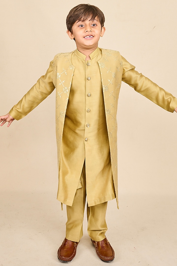 Green Handloom Silk Chanderi Sequins Embroidered Indo-Western Jacket For Boys by All Boy Couture at Pernia's Pop Up Shop