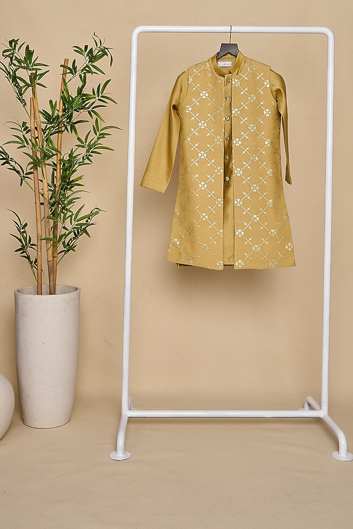 Green Handloom Silk Chanderi Sequins Embroidered Indo-Western Jacket For Boys by All Boy Couture at Pernia's Pop Up Shop
