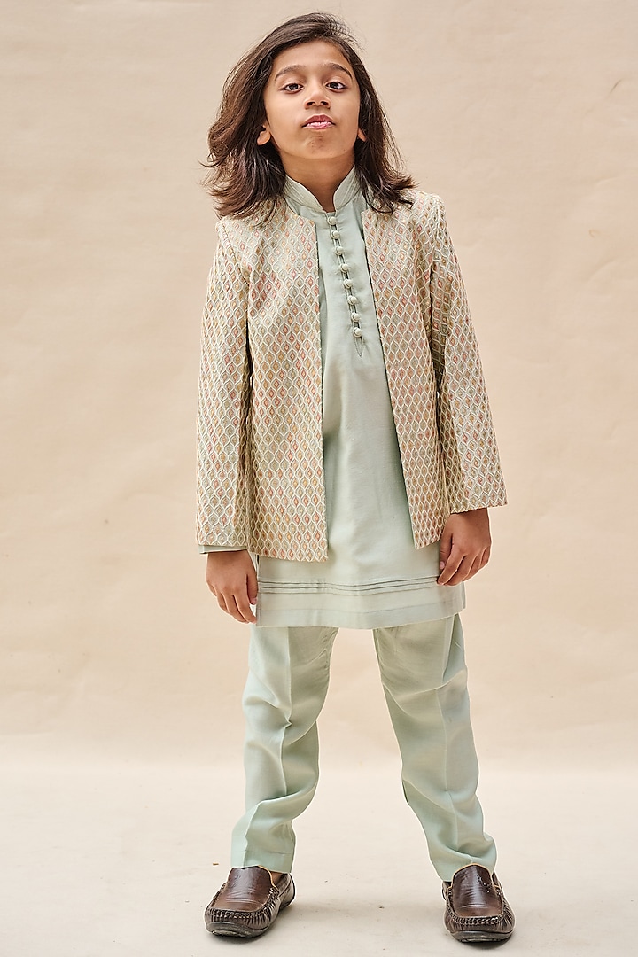 Tea-Green Banglore Silk Gota Embroidered Indo-Western Jacket For Boys by All Boy Couture