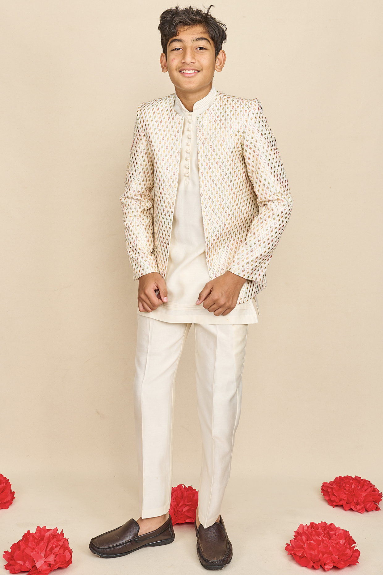 Ivory Banglore Silk Gota Embroidered Indo-Western Jacket For Boys by All Boy Couture