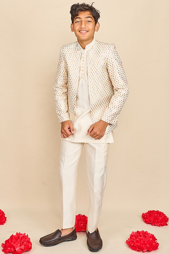 Ivory Banglore Silk Gota Embroidered Indo-Western Jacket For Boys by All Boy Couture