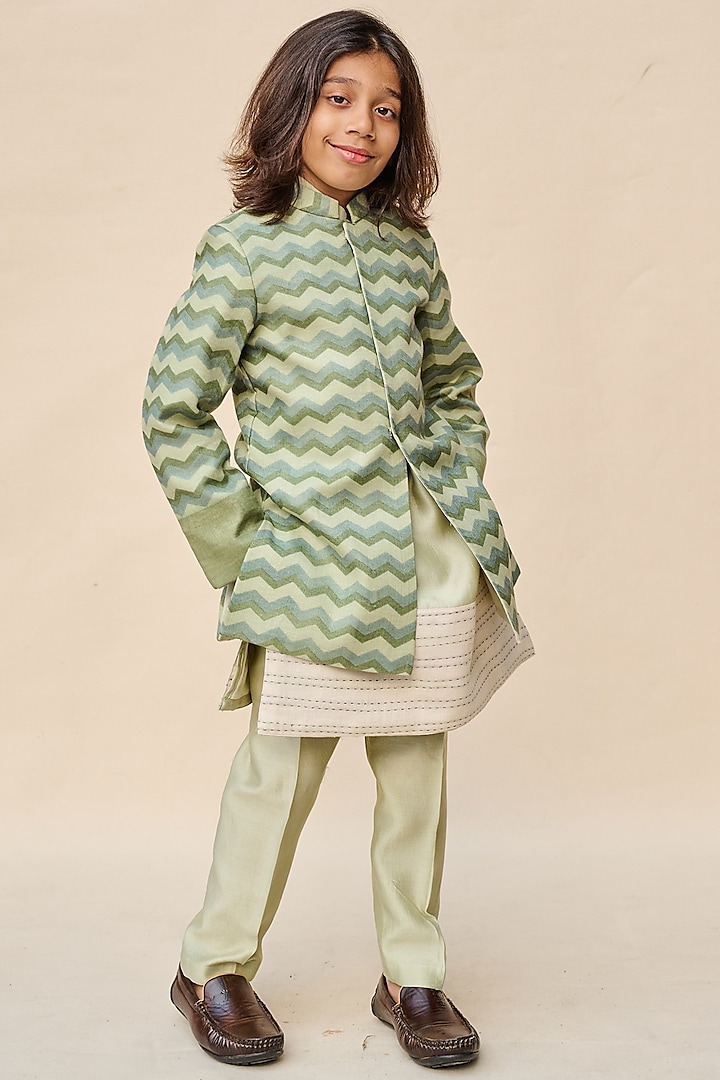 Sage Green Linen Printed Achkan Jacket Set For Boys by All Boy Couture