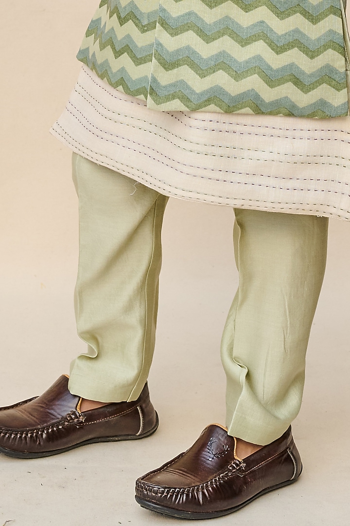 Sage Green Linen Printed Achkan Jacket Set For Boys by All Boy Couture at Pernia's Pop Up Shop
