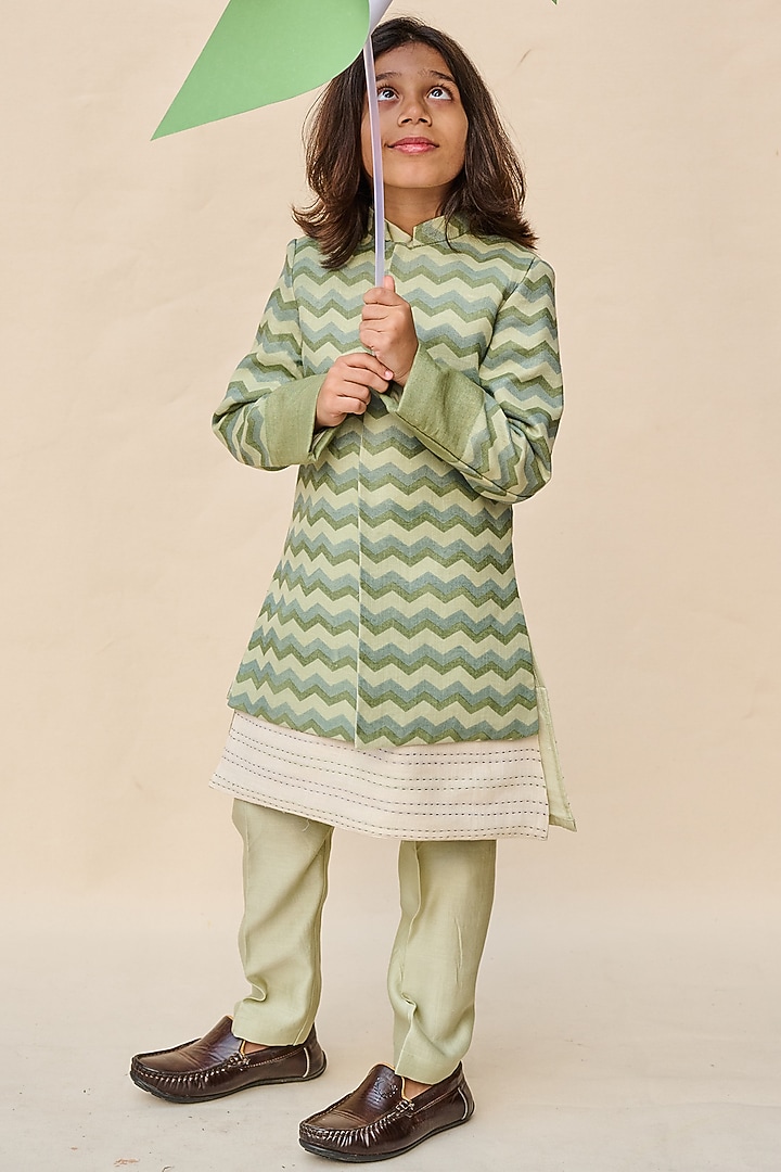 Sage Green Linen Printed Achkan Jacket Set For Boys by All Boy Couture at Pernia's Pop Up Shop