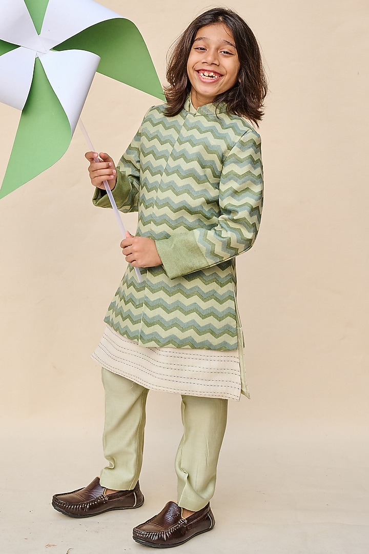 Sage Green Linen Printed Achkan Jacket Set For Boys by All Boy Couture at Pernia's Pop Up Shop
