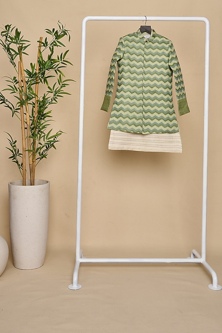 Sage Green Linen Printed Achkan Jacket Set For Boys by All Boy Couture at Pernia's Pop Up Shop