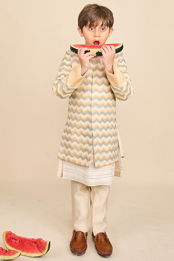Beige Linen Printed Achkan Jacket Set For Boys by All Boy Couture