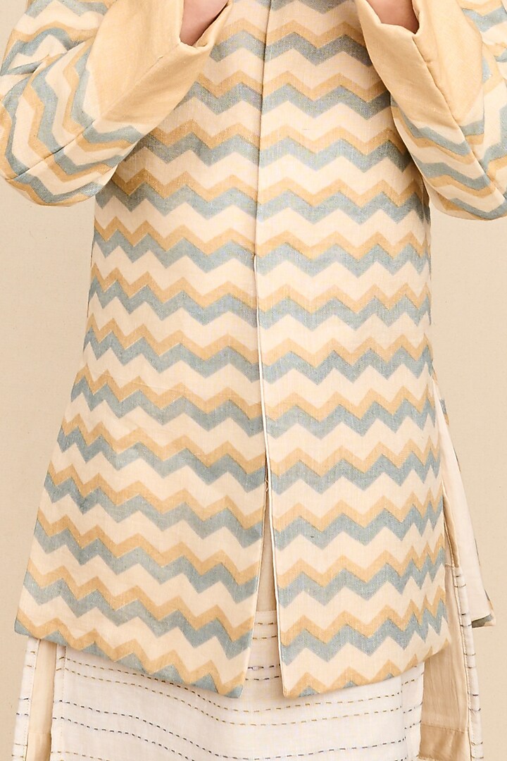 Beige Linen Printed Achkan Jacket Set For Boys by All Boy Couture at Pernia's Pop Up Shop