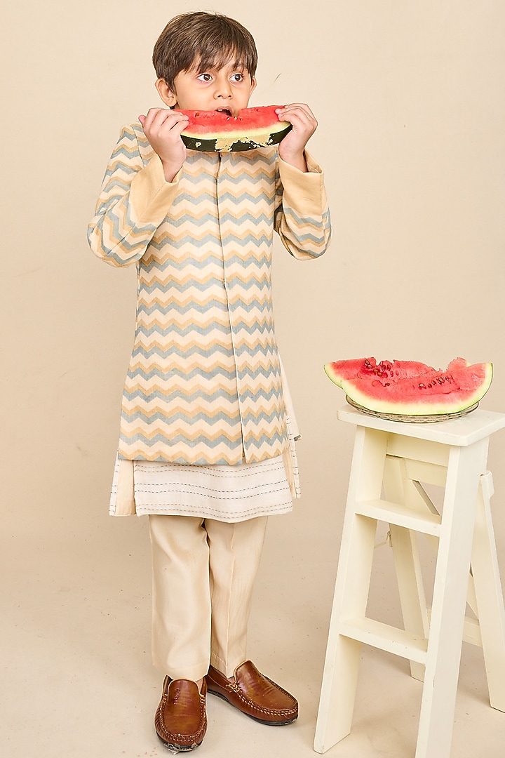 Beige Linen Printed Achkan Jacket Set For Boys by All Boy Couture at Pernia's Pop Up Shop
