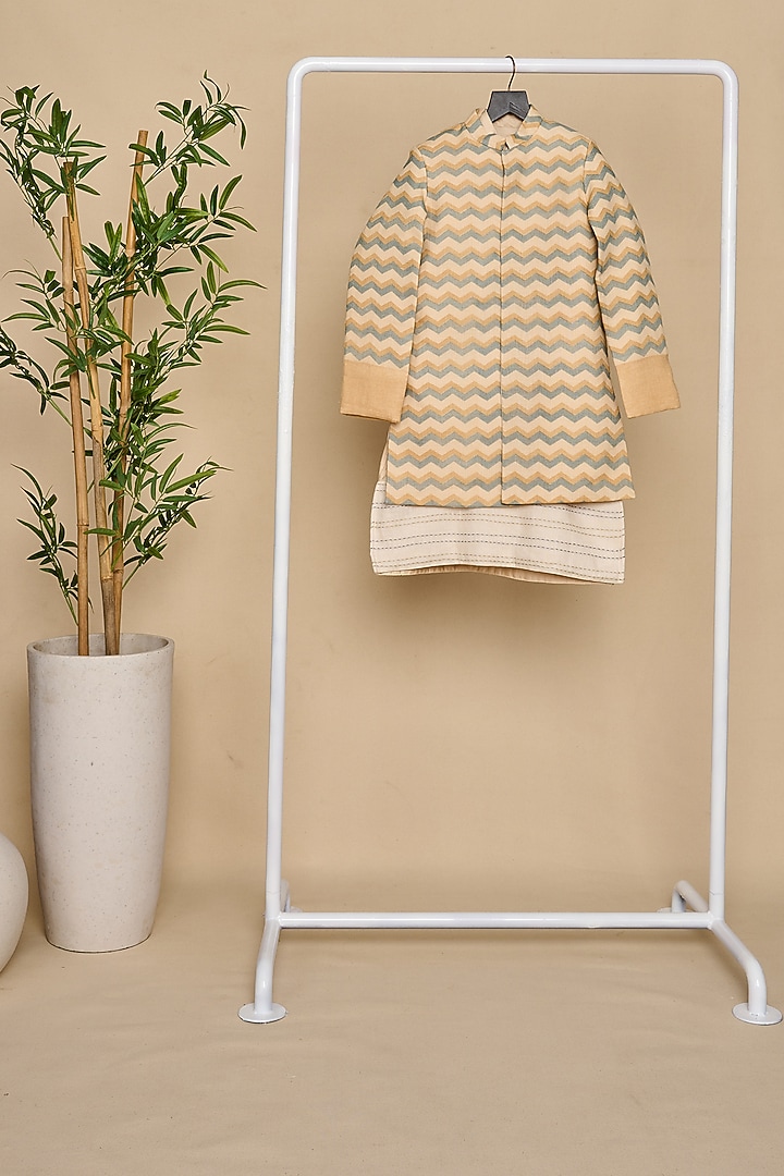 Beige Linen Printed Achkan Jacket Set For Boys by All Boy Couture at Pernia's Pop Up Shop