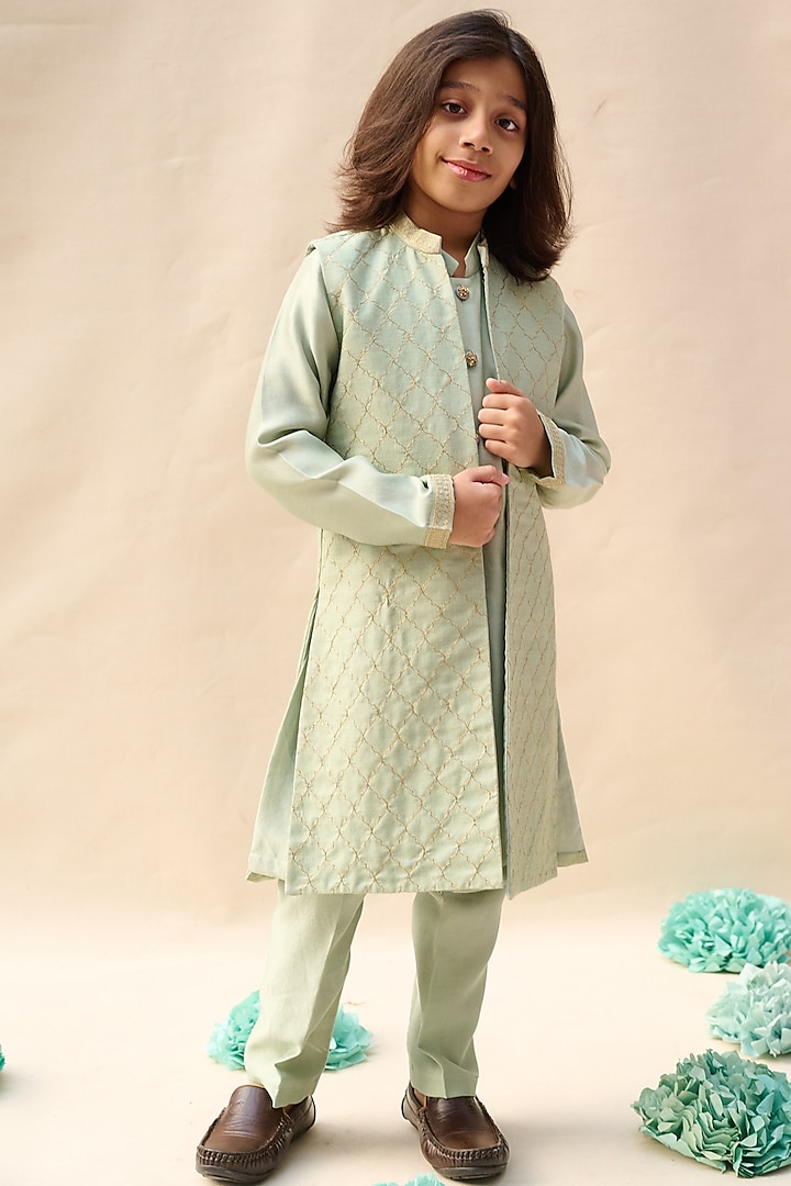 Glacial Green Handloom Tussar Zari Embroidered Achkan Jacket Set For Boys by All Boy Couture