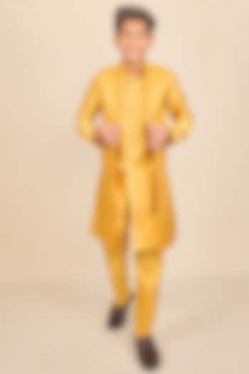 Amber Yellow Handloom Tussar Zari Embroidered Indo-Western Jacket Set For Boys by All Boy Couture