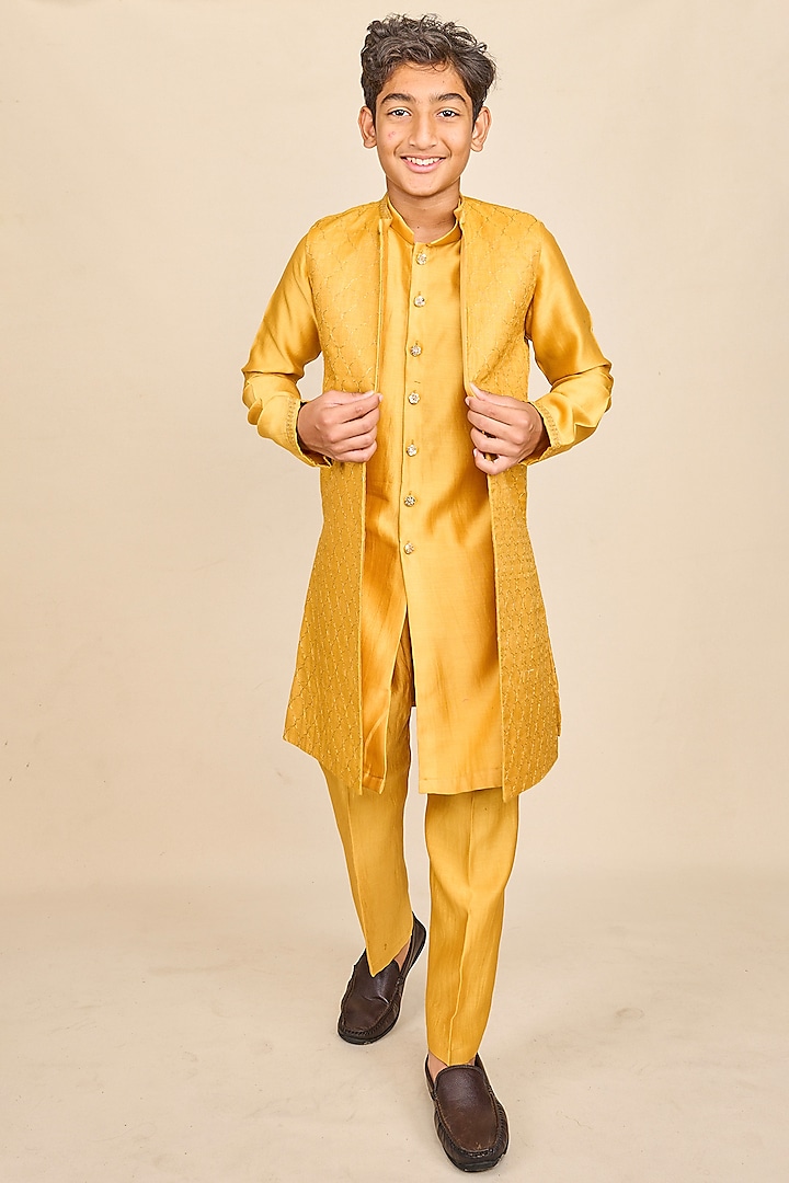 Amber Yellow Handloom Tussar Zari Embroidered Indo-Western Jacket Set For Boys by All Boy Couture