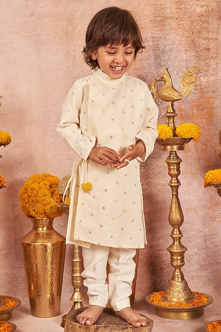 Off-White Embroidered Angrakha Kurta Set For Boys by All Boy Couture