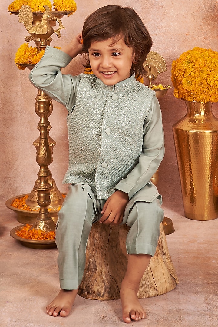 Blue Embroidered Bandhgala Set For Boys by All Boy Couture