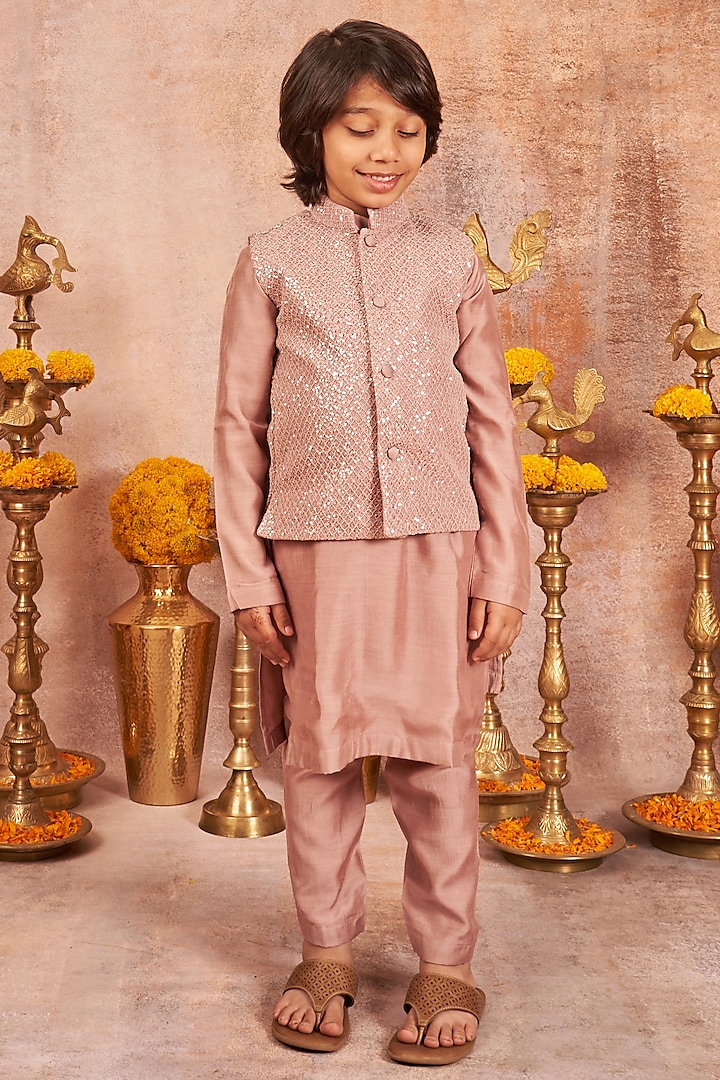 Onion Pink Embroidered Bandhgala Set For Boys by All Boy Couture