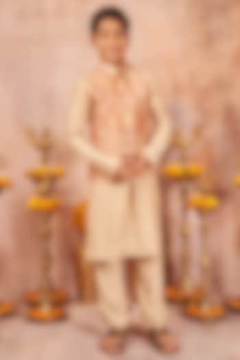 Beige Cotton Silk Kurta Set With Bundi Jacket For Boys by All Boy Couture at Pernia's Pop Up Shop