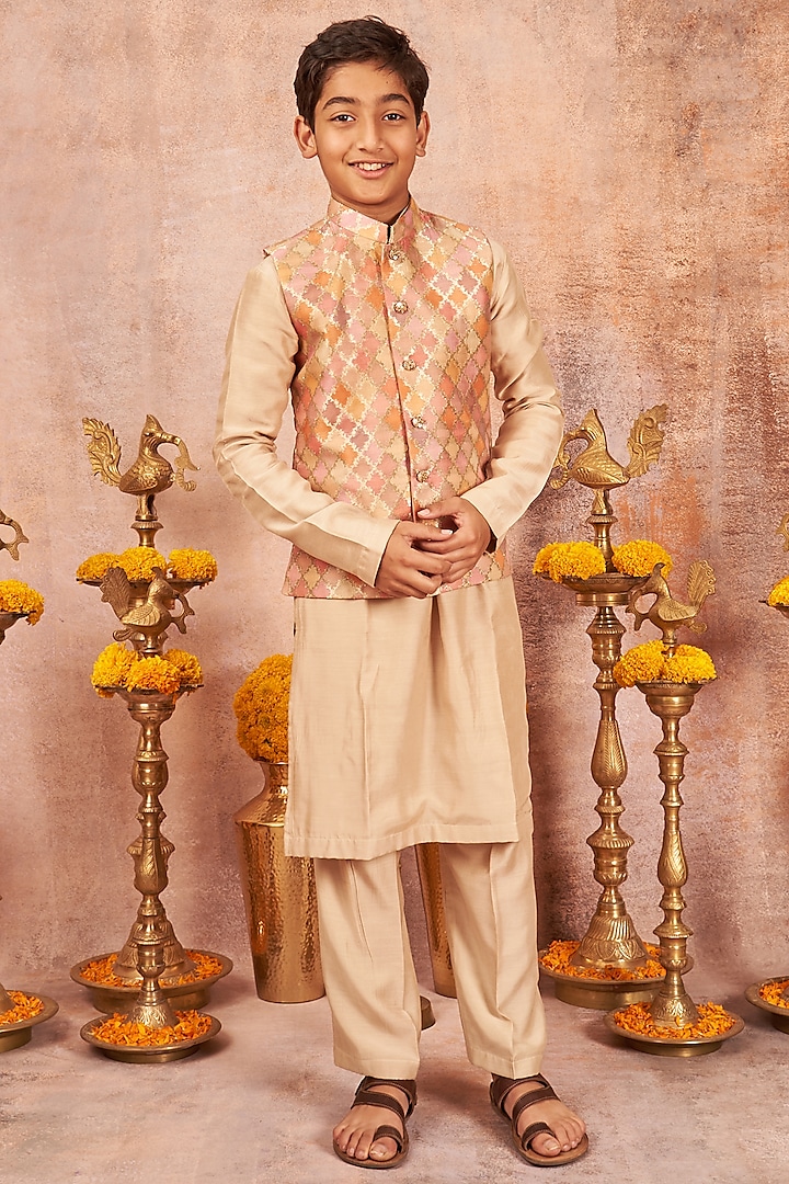 Beige Cotton Silk Kurta Set With Bundi Jacket For Boys by All Boy Couture at Pernia's Pop Up Shop