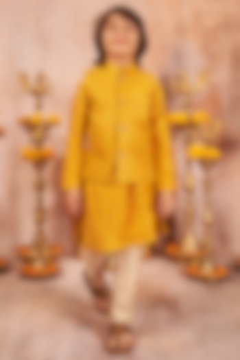 Mustard Embroidered Bundi Jacket With Kurta Set For Boys by All Boy Couture at Pernia's Pop Up Shop
