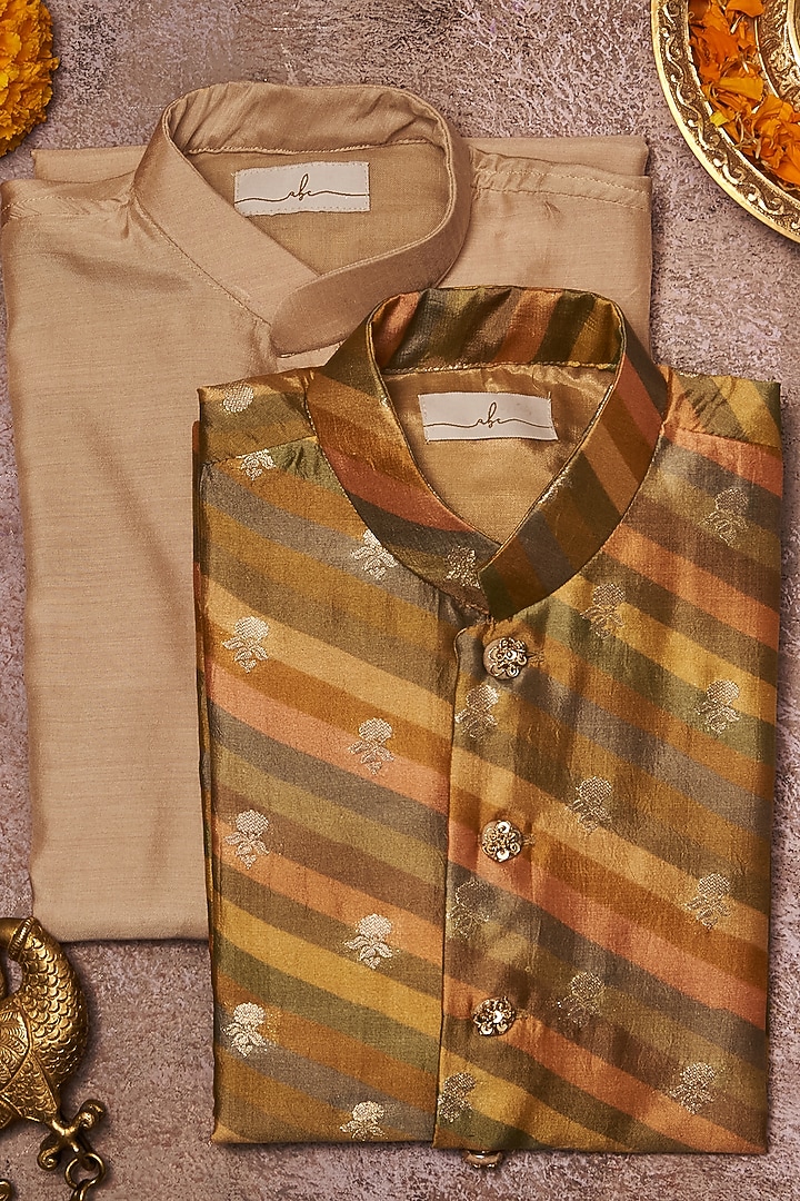 Multi-Coloured Moonga Silk Bandhgala Set For Boys by All Boy Couture at Pernia's Pop Up Shop