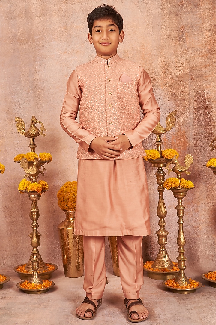 Onion Pink Embroidered Bandhgala Set For Boys by All Boy Couture at Pernia's Pop Up Shop