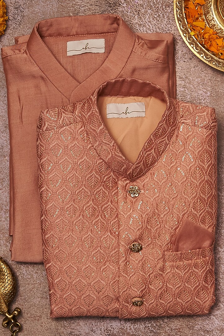 Onion Pink Embroidered Bandhgala Set For Boys by All Boy Couture at Pernia's Pop Up Shop