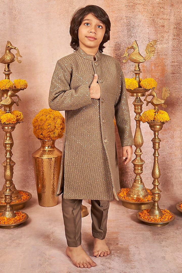 Grey Embroidered Achkan Jacket Set For Boys by All Boy Couture