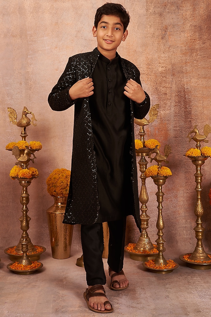 Black Embroidered Achkan Jacket Set For Boys by All Boy Couture