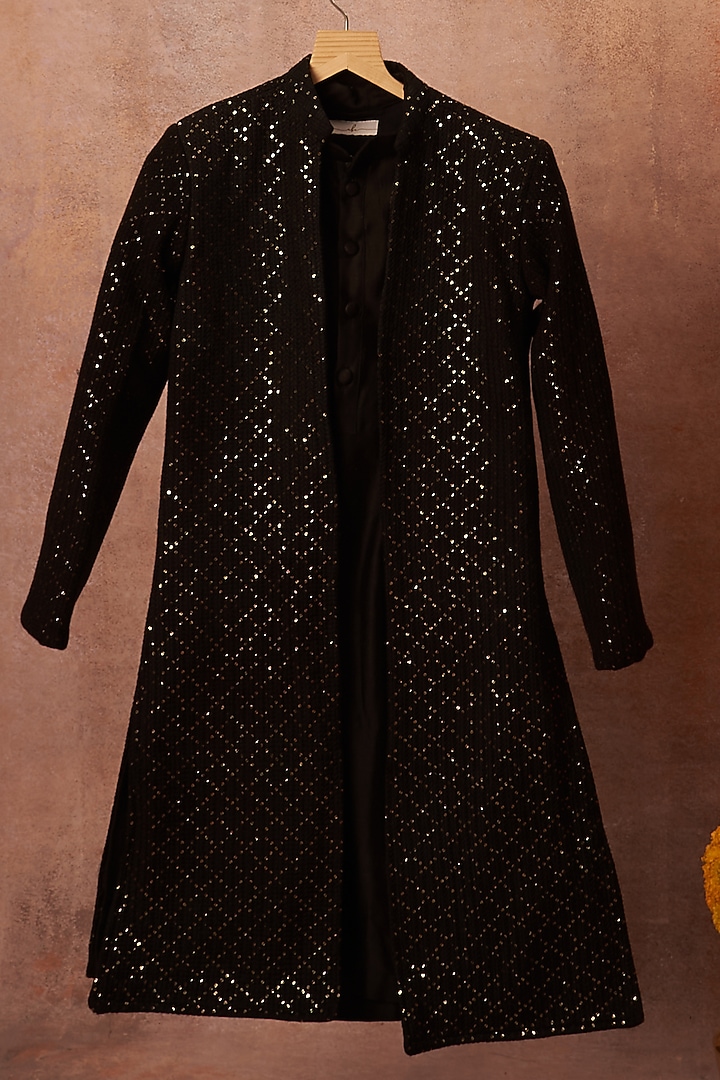 Black Embroidered Achkan Jacket Set For Boys by All Boy Couture at Pernia's Pop Up Shop