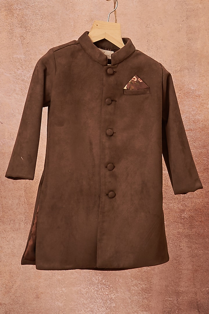 Grey Suede Achkan Jacket Set For Boys by All Boy Couture at Pernia's Pop Up Shop