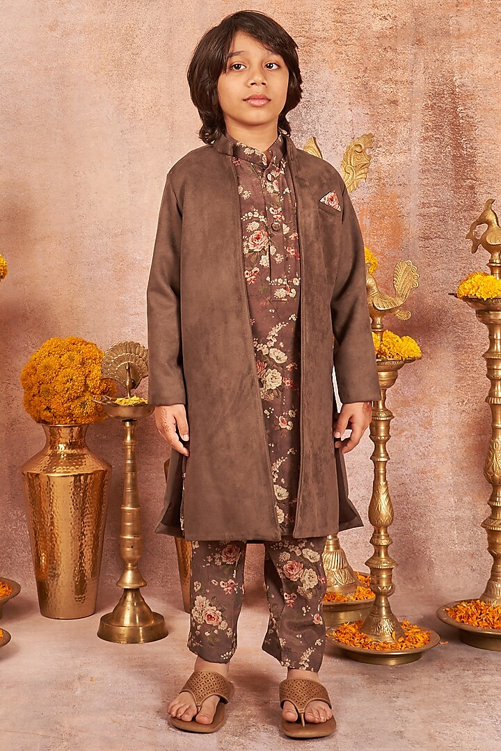 Grey Achkan Jacket Set in Suede For Boys by All Boy Couture