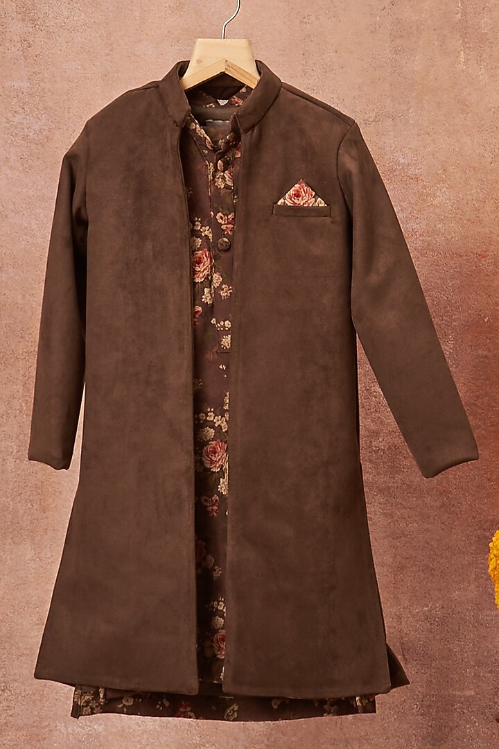 Grey Achkan Jacket Set in Suede For Boys by All Boy Couture at Pernia's Pop Up Shop