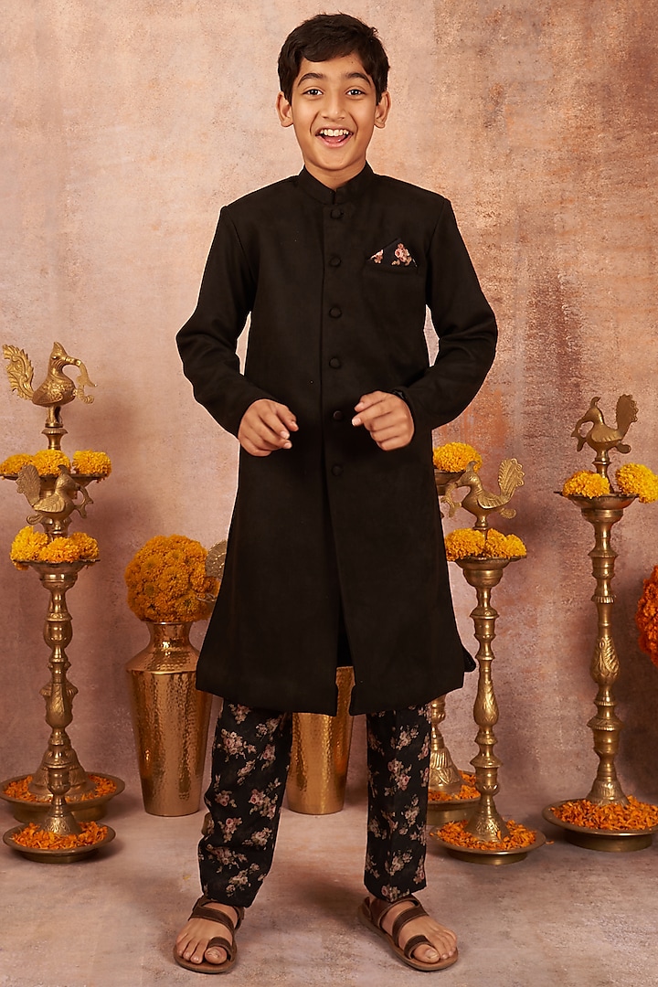 Black Suede Achkan Jacket Set For Boys by All Boy Couture
