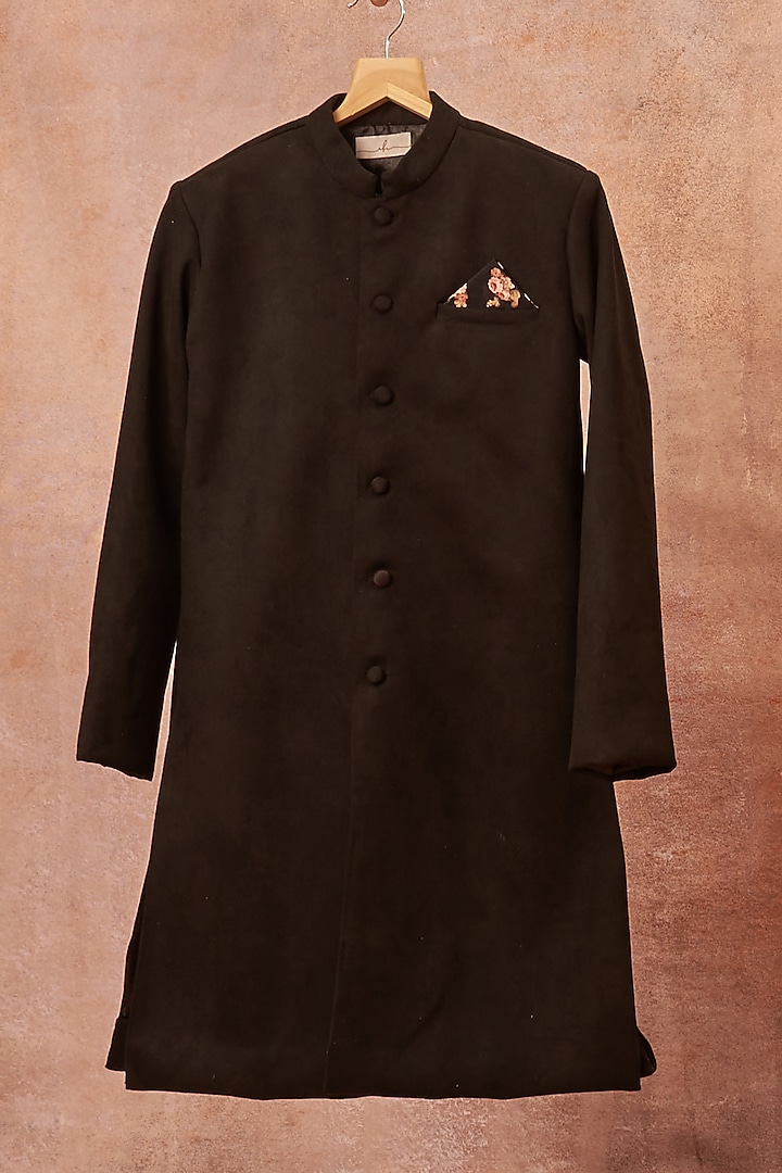 Black Suede Achkan Jacket Set For Boys by All Boy Couture at Pernia's Pop Up Shop