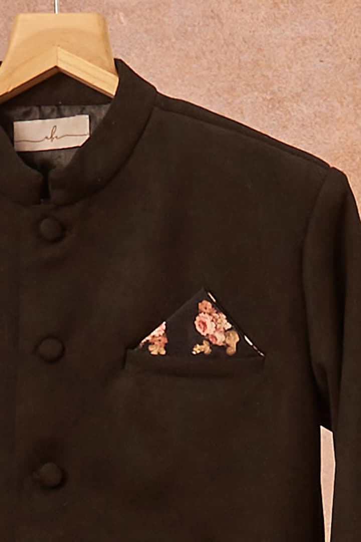 Black Suede Achkan Jacket Set For Boys by All Boy Couture at Pernia's Pop Up Shop