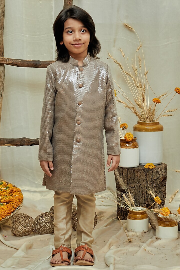 Brown Sequins Embroidered Achkan Jacket Set For Boys by All Boy Couture