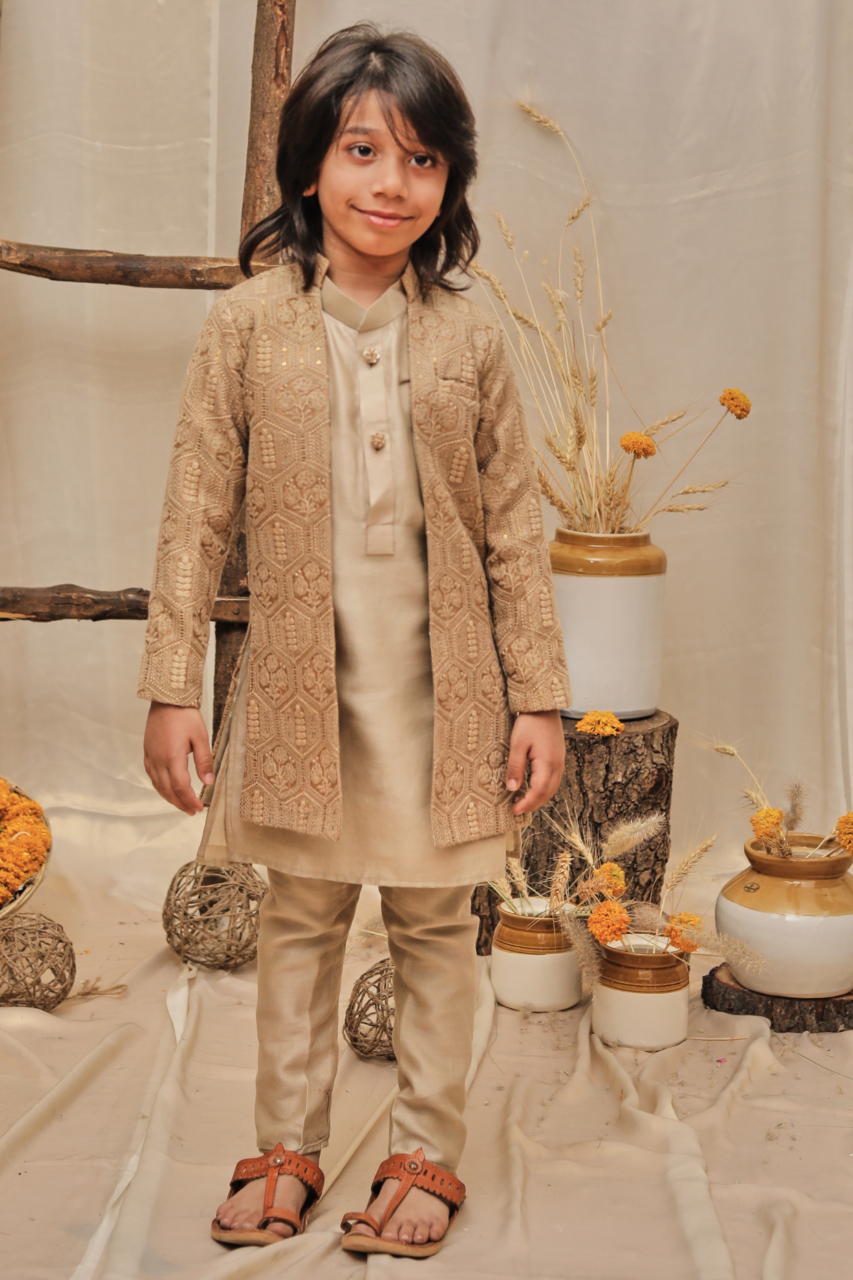 Dark Beige Embroidered Open Achkan Jacket Set For Boys by All Boy Couture