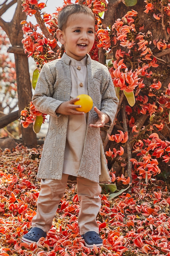 Grey Embroidered Open Achkan Jacket Set For Boys by All Boy Couture