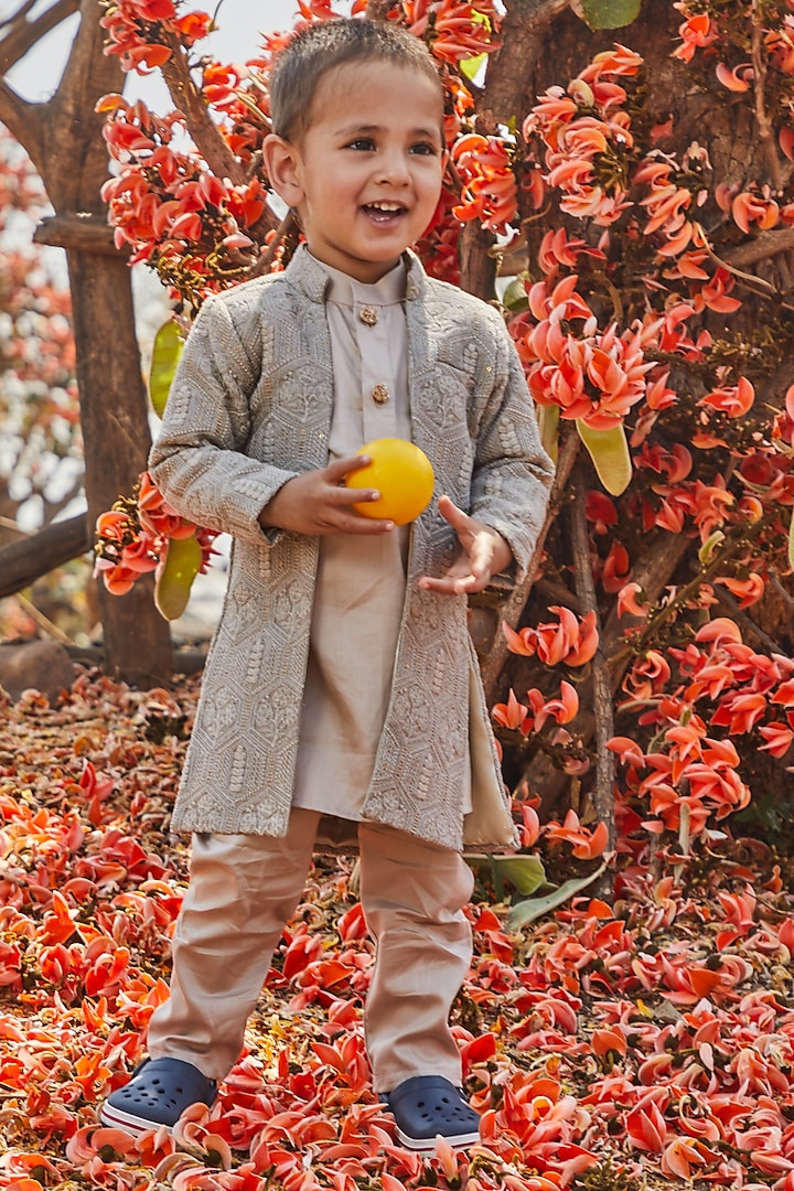 Grey Embroidered Open Achkan Jacket Set For Boys by All Boy Couture at Pernia's Pop Up Shop