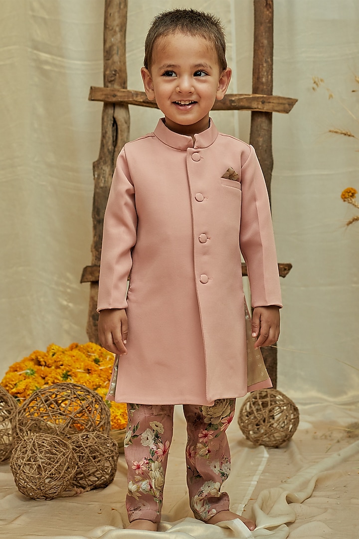 Baby Pink Moss Scuba Achkan Jacket Set For Boys by All Boy Couture