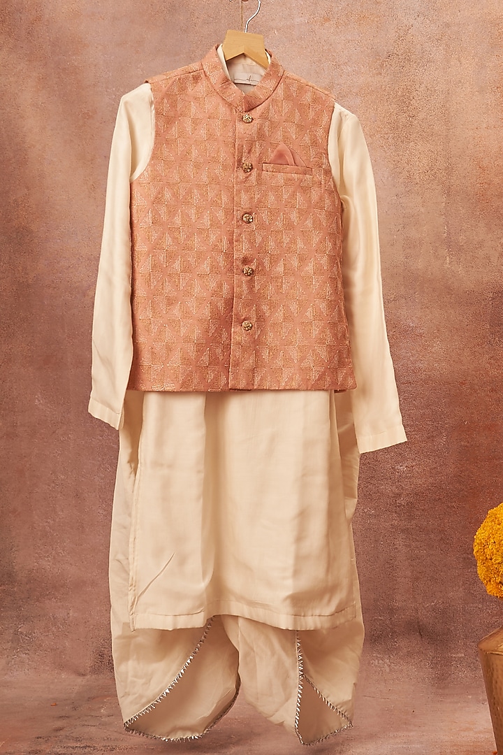 Pink Moonga Silk Bundi Jacket With Kurta Set For Boys by All Boy Couture at Pernia's Pop Up Shop