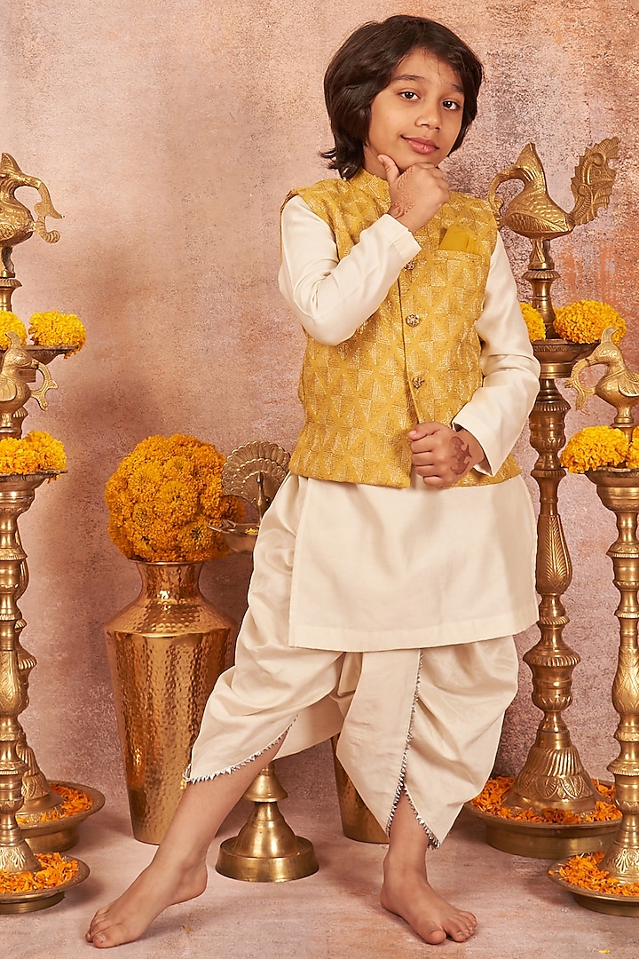 Mustard Embroidered Bundi Jacket With Kurta Set For Boys by All Boy Couture