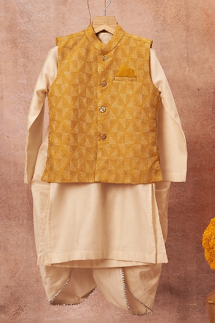 Mustard Embroidered Bundi Jacket With Kurta Set For Boys by All Boy Couture at Pernia's Pop Up Shop