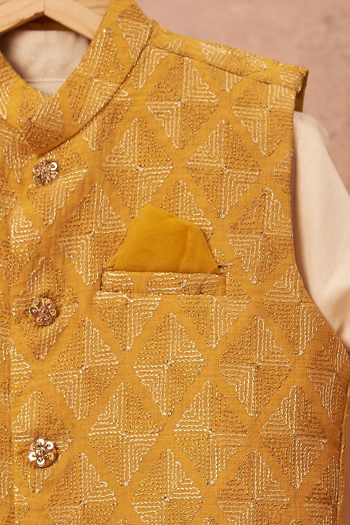 Mustard Embroidered Bundi Jacket With Kurta Set For Boys by All Boy Couture at Pernia's Pop Up Shop