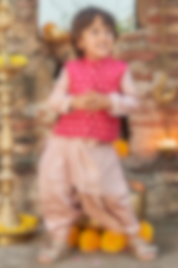 Bright Pink Embroidered Bundi Jacket With Kurta Set For Boys by All Boy Couture