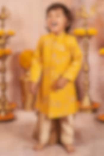 Yellow Embroidered Achkan Jacket Set For Boys by All Boy Couture at Pernia's Pop Up Shop