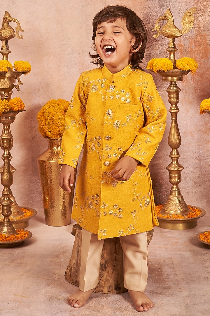 Yellow Embroidered Achkan Jacket Set For Boys by All Boy Couture at Pernia's Pop Up Shop