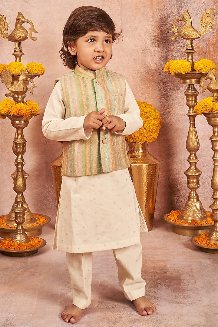 Multi-Coloured Moonga Silk Bandhgala Set For Boys by All Boy Couture