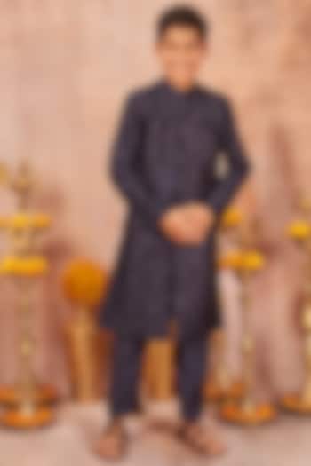 Navy Blue Embroidered Achkan Jacket Set For Boys by All Boy Couture