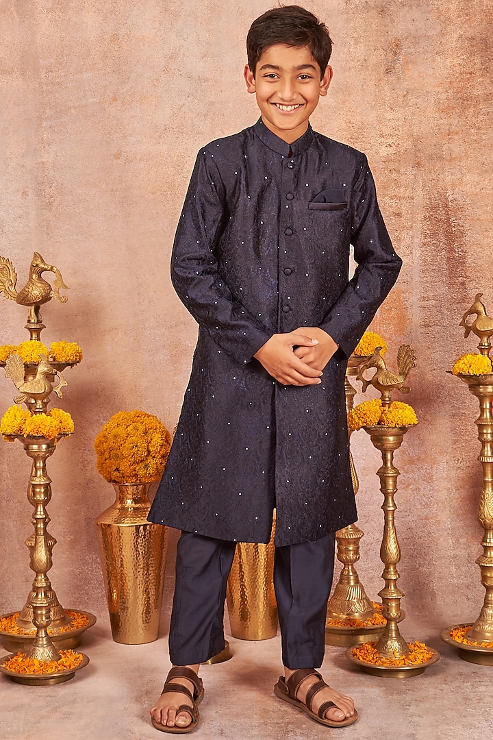 Navy Blue Embroidered Achkan Jacket Set For Boys by All Boy Couture